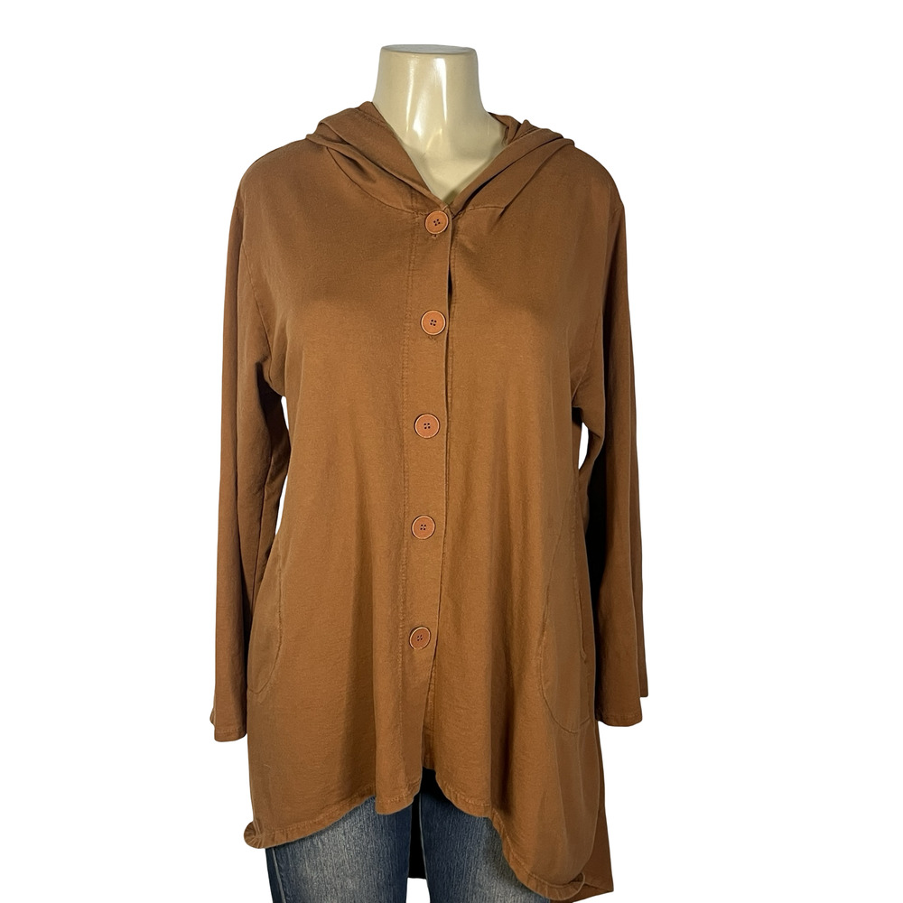 Saga‎ Jacket Womens One Size Brown Cotton Knit Hooded Button Front Made In Italy